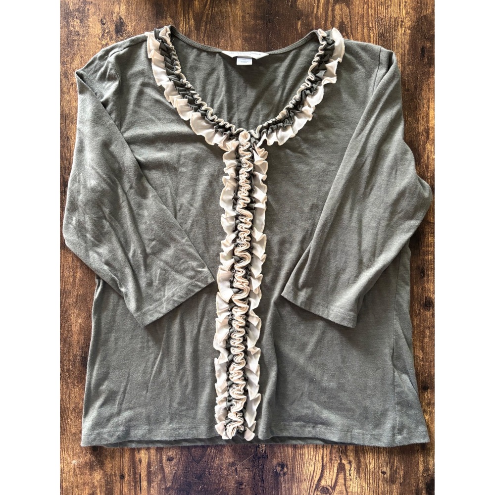 Christopher & Banks Petite Olive Green Ruffle Trim 3/4 Sleeve Knit Top PL